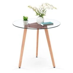 Ivinta Round Glass Dining Table, Modern Leisure Table With Wood Legs For Kitchen Dining Room Living Room, Accent Table Small Tea Table For 2, Space Saving, 31.5 Inch