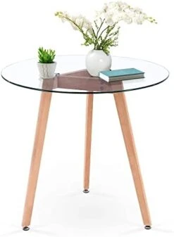 Ivinta Round Glass Dining Table, Modern Leisure Table With Wood Legs For Kitchen Dining Room Living Room, Accent Table Small Tea Table For 2, Space Saving, 31.5 Inch -Home Table Chair Store 318XdtukBoL. AC