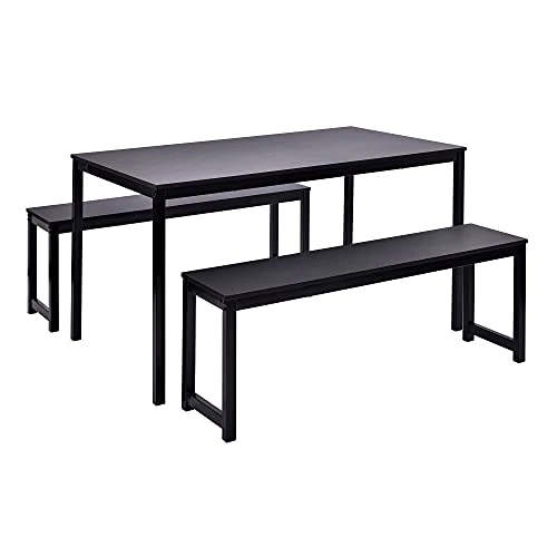Dining Table Set, Hinpia 3 Pieces Modern Kitchen Table With 2 Benches, Wood Tabletop And Metal Frame (Black) 5 Dining Table Set, Hinpia 3 Pieces Modern Kitchen Table With 2 Benches, Wood Tabletop And Metal Frame (Black) - Image 3