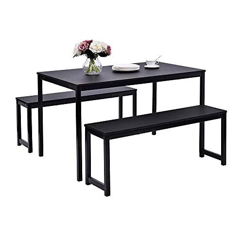 Dining Table Set, Hinpia 3 Pieces Modern Kitchen Table With 2 Benches, Wood Tabletop And Metal Frame (Black) 3 Dining Table Set, Hinpia 3 Pieces Modern Kitchen Table With 2 Benches, Wood Tabletop And Metal Frame (Black)