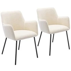 ONEVOG Small Dining Room Boucle Dining Chairs Lumbar Support Upholstered Chair, White Club Chairs Set Of 2 With Low Back For Living Room, Club Guest Comfy Chair For Working Or Studying
