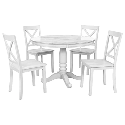 5 Piece Round Dining Table Set, Marble Top Kitchen Table Sets Dinette Set For 4 Include Marble Veneer Round Kitchen Table And 4 Chairs For Small Space (White) 4 5 Piece Round Dining Table Set, Marble Top Kitchen Table Sets Dinette Set For 4 Include Marble Veneer Round Kitchen Table And 4 Chairs For Small Space (White) - Image 2