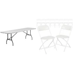 Flash Furniture 8-Foot Bi-Fold Granite White Plastic Banquet And Event Folding Table With Carrying Handle & 10 Pack Hercules Series 650 Lb. Capacity Premium White Plastic Folding Chair