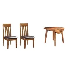 Signature Design By Ashley Ralene Rake Back Dining Room Chair Set Of 2, Medium Brown & Berringer Dining Room Round Drop Leaf Table, Rustic Brown