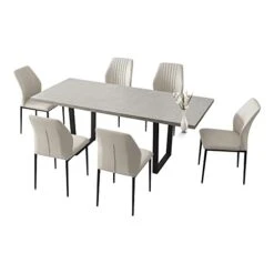 ZckyCine Modern Mid-Century Dining Table Set For 6-8 People Kitchen Dining Room Table Set Extendable Solid Wood Dining Table And 6 Upholstered Chairs, Home Kitchen Furniture (Table + 6 Beige Chairs) -Home Table Chair Store 31m0GneCzPL