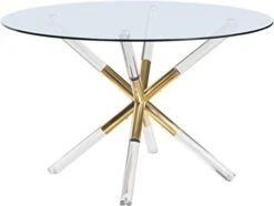 Meridian Furniture Mercury Collection Modern | Contemporary Tempered Glass Top Dining Table With Acrylic And Gold Durable Metal Base, Round