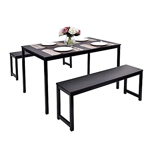 Dining Table Set, Hinpia 3 Pieces Modern Kitchen Table With 2 Benches, Wood Tabletop And Metal Frame (Black) 4 Dining Table Set, Hinpia 3 Pieces Modern Kitchen Table With 2 Benches, Wood Tabletop And Metal Frame (Black) - Image 2