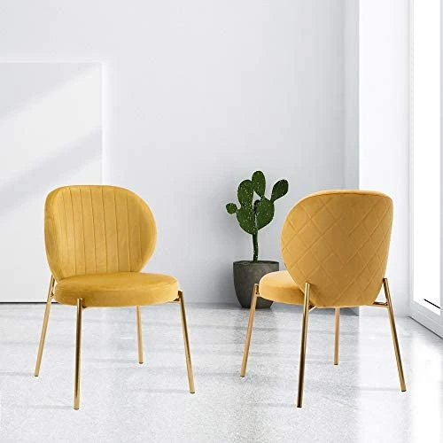 DAGONHIL Velvet Dining Chair,Upholstered Vanity Chairs With Golden Metal Leg,Set Of 2 (Yellow) 3 DAGONHIL Velvet Dining Chair,Upholstered Vanity Chairs With Golden Metal Leg,Set Of 2 (Yellow)