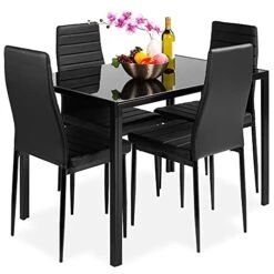 VERYKE Kitchen Dining Table Set For 4,Modern Tempered Glass Rectangular Dining Table & 4 Faux Leather Chairs Furniture Set For Kitchen Breakfast, Dining Room (Black)