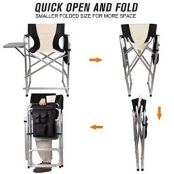 SILANON Tall Directors Chairs Foldable,Portable Folding Camping Chair Lightweight Aluminum Makeup Artist Chair With Side Table Storage Bag Heavy Duty Supports 300LBS Outdoor Indoor,Black/Beige -Home Table Chair Store 415AiIWAzsL