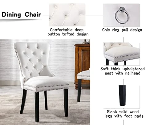 Chairus Dining Chairs Set Of 2 With Tufted High Back, Velvet Upholstered Dining Room Chairs Modern Elegant Nailhead Trim Ring Pull - Ivory 2PCS 6 Chairus Dining Chairs Set Of 2 With Tufted High Back, Velvet Upholstered Dining Room Chairs Modern Elegant Nailhead Trim Ring Pull - Ivory 2PCS - Image 4