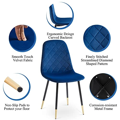 NORDICANA Velvet Dining Chairs Kitchen Solid Color Chair Upholstered Side Stools With Backrest Metal Legs Set Of 4, Navy Blue 8 NORDICANA Velvet Dining Chairs Kitchen Solid Color Chair Upholstered Side Stools With Backrest Metal Legs Set Of 4, Navy Blue - Image 6