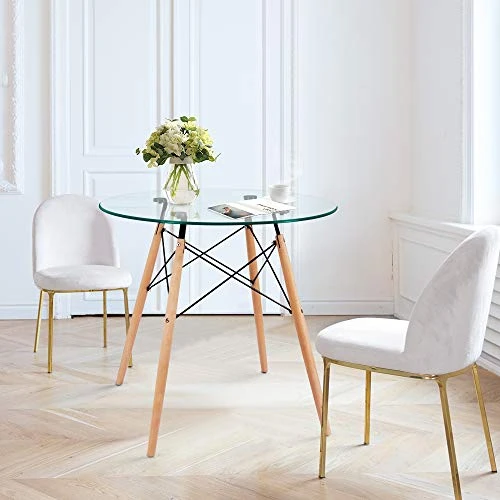 Nidouillet Round Glass Dining Table, Coffee Desk With 4 Beech Wood Legs For Kitchen Living Room AB053 4 Nidouillet Round Glass Dining Table, Coffee Desk With 4 Beech Wood Legs For Kitchen Living Room AB053 - Image 2