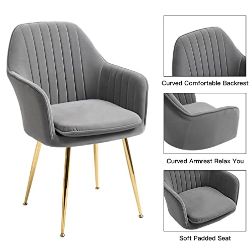 AVAWING Modern Living Dining Room Accent Arm Chairs Set Of 4, Velvet Mid-Century Upholstered Seat Club Guest With Golden Legs, Grey 3 AVAWING Modern Living Dining Room Accent Arm Chairs Set Of 4, Velvet Mid-Century Upholstered Seat Club Guest With Golden Legs, Grey