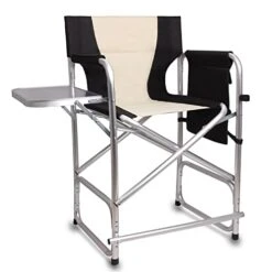 SILANON Tall Directors Chairs Foldable,Portable Folding Camping Chair Lightweight Aluminum Makeup Artist Chair With Side Table Storage Bag Heavy Duty Supports 300LBS Outdoor Indoor,Black/Beige