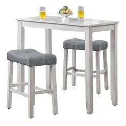 Nathaniel Home 3 Piece Counter Height Table Chairs Set, Kitchen Dining Room Sets Furniture One Bench And Two Saddle Stools With Upholstery Pad, Antique White