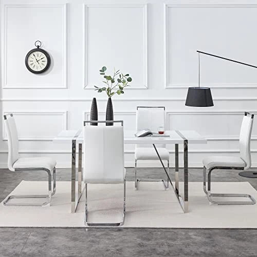 NYEESS Modern Dining Table Set For 4, 5-Piece Kitchen Dining Table Set, Wood Dining Table And Leather Dining Chairs Set For 4 Suitable For Dining Room, Kitchen (White, 1*Table+4*Chairs) 5 NYEESS Modern Dining Table Set For 4, 5-Piece Kitchen Dining Table Set, Wood Dining Table And Leather Dining Chairs Set For 4 Suitable For Dining Room, Kitchen (White, 1*Table+4*Chairs) - Image 3