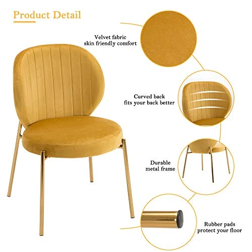 DAGONHIL Velvet Dining Chair,Upholstered Vanity Chairs With Golden Metal Leg,Set Of 2 (Yellow) 7 DAGONHIL Velvet Dining Chair,Upholstered Vanity Chairs With Golden Metal Leg,Set Of 2 (Yellow) - Image 5