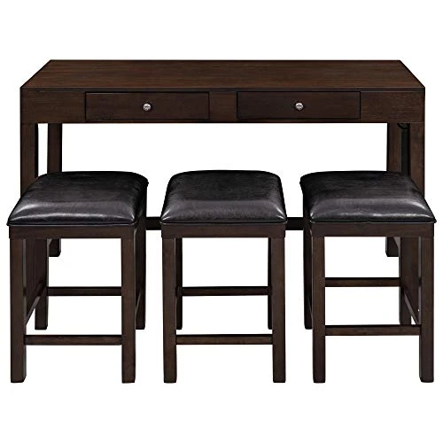 Harper & Bright Designs 4-Piece Counter Height Table Set With 2 Drawers And Socket, Mulitpurpose Rustic Bar Dining Table Set With 3 Leather Padded Stools (Espresso) 4 Harper & Bright Designs 4-Piece Counter Height Table Set With 2 Drawers And Socket, Mulitpurpose Rustic Bar Dining Table Set With 3 Leather Padded Stools (Espresso) - Image 2