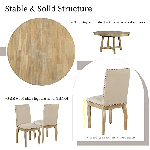 P PURLOVE Round Extendable Dining Table Set For 4 Persons, 5 Piece Round Kitchen Table Set With Extendable Table And 4 Upholstered Dining Chairs for Kitchen Dining Room 5 P PURLOVE Round Extendable Dining Table Set For 4 Persons, 5 Piece Round Kitchen Table Set With Extendable Table And 4 Upholstered Dining Chairs for Kitchen Dining Room - Image 3