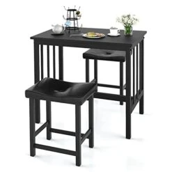 Giantex 3 Piece Dining Set, Counter Height Table Set With Black Frosted Tabletop And Metal Frame For Kitchen, Bar Or Apartment W/ 2 Faux Leather Backless Stools, Compact, Space-Saving Design