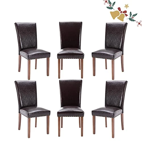 PU Leather Dining Chairs Set Of 6, Upholstered Parsons Dining Room Kitchen Side Chair With Nailhead Trim And Wood Legs - Dark Brown 3 PU Leather Dining Chairs Set Of 6, Upholstered Parsons Dining Room Kitchen Side Chair With Nailhead Trim And Wood Legs - Dark Brown