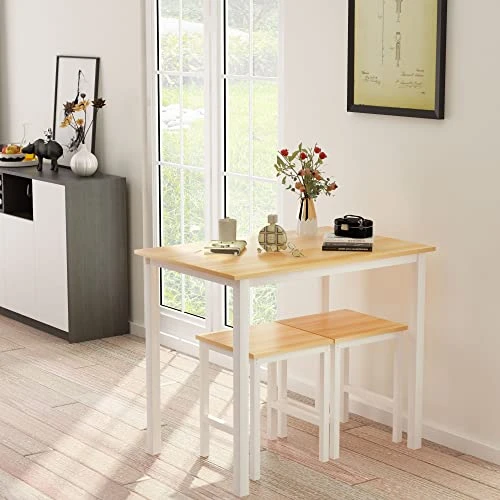 AWQM 3 Piece Dining Table Set, Small Kitchen Table And 2 Stools, Kitchen Breakfast Dining Table Set, Breakfast Table Of 35.43 X 23.62 X 29.92 Inches, Stools Of 13.8 X 13.8 X 17.8 Inches, Beige 4 AWQM 3 Piece Dining Table Set, Small Kitchen Table And 2 Stools, Kitchen Breakfast Dining Table Set, Breakfast Table Of 35.43 X 23.62 X 29.92 Inches, Stools Of 13.8 X 13.8 X 17.8 Inches, Beige - Image 2