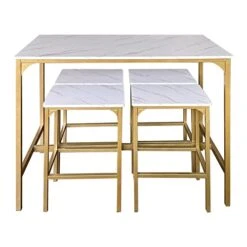 AT-VALY 5-Piece Bar Table Set With 4 Stools,Dining Room Table Set,Small Spaces (Gold & White)