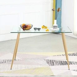 Modern Dining Room Table For 4, Rectangle Kitchen Table With Tempered Glass Table Top,Wood Printed Sturdy Metal Legs,Coffee Table For Dining Room,Kitchen,47.2 X 27.5 X 29.5 In (L X W X H) -Home Table Chair Store 41XeTbkYtAL. AC