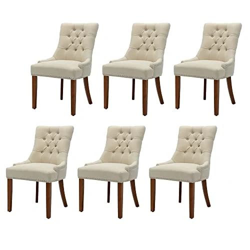 UDAX Upholstered Dining Chairs With Arms, Set Of 6, Dining Room Chairs With Solid Wood Legs And Tufted Backrest(Linen+Beige) 3 UDAX Upholstered Dining Chairs With Arms, Set Of 6, Dining Room Chairs With Solid Wood Legs And Tufted Backrest(Linen+Beige)
