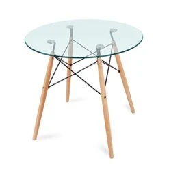 Nidouillet Round Glass Dining Table, Coffee Desk With 4 Beech Wood Legs For Kitchen Living Room AB053