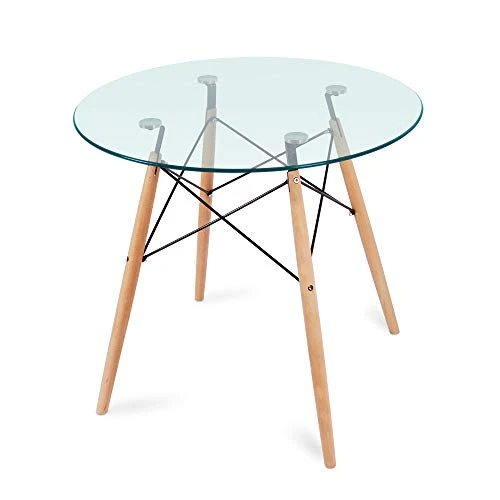 Nidouillet Round Glass Dining Table, Coffee Desk With 4 Beech Wood Legs For Kitchen Living Room AB053 3 Nidouillet Round Glass Dining Table, Coffee Desk With 4 Beech Wood Legs For Kitchen Living Room AB053