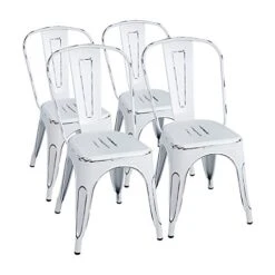 Furmax Metal Chairs Indoor/Outdoor Use Stackable Chic Dining Bistro Cafe Side Chairs Set Of 4 (Distressed White)