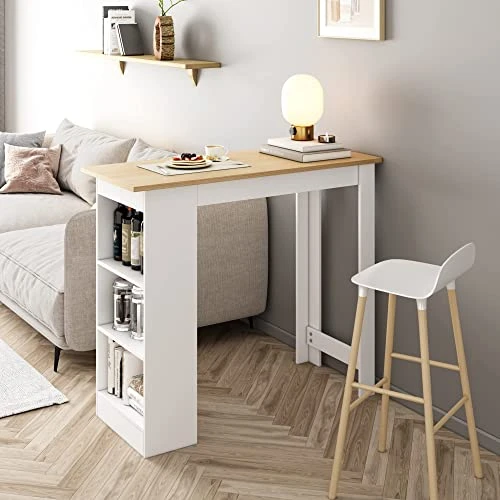 FOTOSOK Bar Table, 47.2”(W)×19.7”(D) Kitchen Counter With 3 Open Cabinets, Height Dining Table With 3-Tier Shelves, Modern Pub Table For Bar, Cafe, Office, Kitchen, Living Room, Entryway, Oak/White 7 FOTOSOK Bar Table, 47.2”(W)×19.7”(D) Kitchen Counter With 3 Open Cabinets, Height Dining Table With 3-Tier Shelves, Modern Pub Table For Bar, Cafe, Office, Kitchen, Living Room, Entryway, Oak/White - Image 5