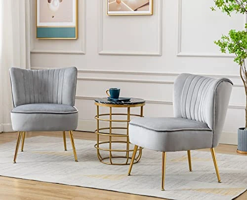 Shunzhi Velvet Accent Chairs Set Of 2 Modern Upholstered Slipper Chairs With Golden Legs Comfy Armless Wingback Side Chairs Corner Chair For Bedroom/Dining Room/Living Room/Office, Grey 6 Shunzhi Velvet Accent Chairs Set Of 2 Modern Upholstered Slipper Chairs With Golden Legs Comfy Armless Wingback Side Chairs Corner Chair For Bedroom/Dining Room/Living Room/Office, Grey - Image 4