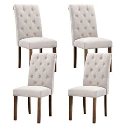 COLAMY Tufted Dining Chairs Set Of 4, Upholstered Parsons Dining Room Chairs, Fabric Kitchen Side Chair With Wood Legs - Dark Beige
