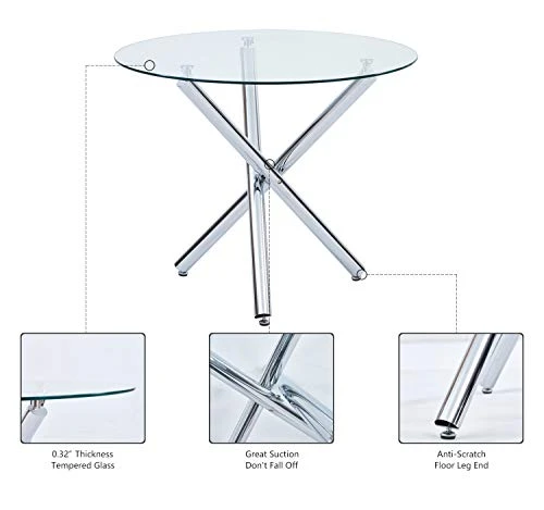 Modern Round Dining Table With Clear Tempered Glass Top, 3 Chrome Legs Kitchen Table For 2 Or 4 Person,Round Dining Table Furniture For Home Office Kitchen Dining Room(W 35.4 X L 35.4 X H 29.5 Inch) 4 Modern Round Dining Table With Clear Tempered Glass Top, 3 Chrome Legs Kitchen Table For 2 Or 4 Person,Round Dining Table Furniture For Home Office Kitchen Dining Room(W 35.4 X L 35.4 X H 29.5 Inch) - Image 2