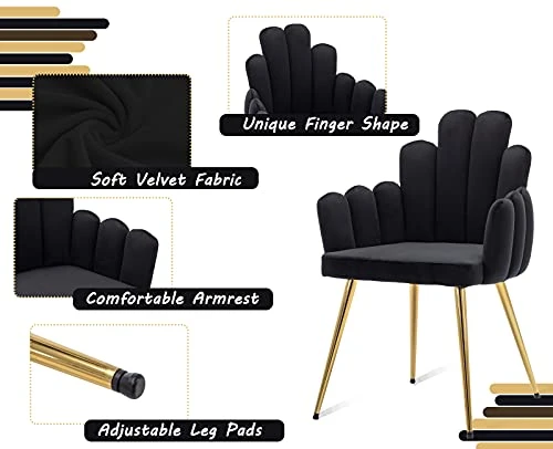 CIMOTA Black Dining Chairs Set Of 2 Velvet Upholstered Comfy Living Room Chairs Modern Finger Shape Back Vanity Chair With Arms For Makeup Room/Bedroom, 2PCS 4 CIMOTA Black Dining Chairs Set Of 2 Velvet Upholstered Comfy Living Room Chairs Modern Finger Shape Back Vanity Chair With Arms For Makeup Room/Bedroom, 2PCS - Image 2