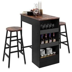 Bigbiglife Table And Chairs Set For 2, Industrial Bar Table And Chairs Set With 3 Storage And 2 Stools, Morden Kitchen Counter Height Dining Table Set, Rustic Brown