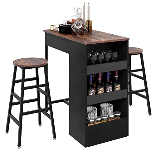 Bigbiglife Table And Chairs Set For 2, Industrial Bar Table And Chairs Set With 3 Storage And 2 Stools, Morden Kitchen Counter Height Dining Table Set, Rustic Brown 3 Bigbiglife Table And Chairs Set For 2, Industrial Bar Table And Chairs Set With 3 Storage And 2 Stools, Morden Kitchen Counter Height Dining Table Set, Rustic Brown