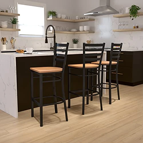 Flash Furniture HERCULES Series Black Ladder Back Metal Restaurant Barstool - Natural Wood Seat 3 Flash Furniture HERCULES Series Black Ladder Back Metal Restaurant Barstool - Natural Wood Seat