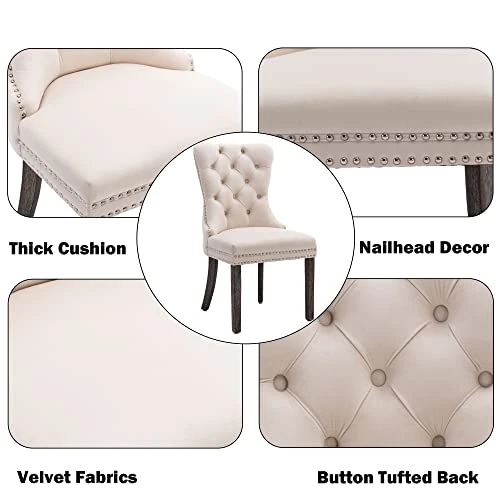 Civama Dining Chairs Set Of 6, Velvet Nikki Collection Dining Room Chair Upholstered Modern Luxury Tufted With Nailhead Trim Back Pull Ring Solid Wooden Legs, Beige 6 Civama Dining Chairs Set Of 6, Velvet Nikki Collection Dining Room Chair Upholstered Modern Luxury Tufted With Nailhead Trim Back Pull Ring Solid Wooden Legs, Beige - Image 4