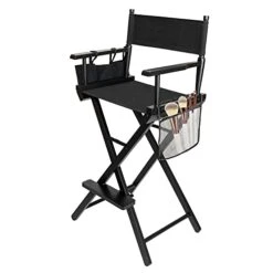 OmySalon Upgraded 31" Height Tall Director Chair Folding Artist Makeup With Replacement Cover Canvas, Storage Side Bags, Portable Footrest, Support 250 Lbs,Solid Hardwood & Polyester Black