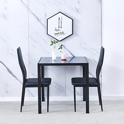 Ansley&HosHo Small Kitchen Table And Chairs Set For 2, 3-Piece Modern Glass Dining Room Table Set, Black Square Kitchen Table And 2 Black Leather Chairs For Home, Living Room, Dinette, Restaurant 4 Ansley&HosHo Small Kitchen Table And Chairs Set For 2, 3-Piece Modern Glass Dining Room Table Set, Black Square Kitchen Table And 2 Black Leather Chairs For Home, Living Room, Dinette, Restaurant - Image 2