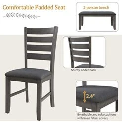 RUNWON 6 Piece Kitchen Dining Table Set Farmhouse Rustic With 4 Chairs 1 Bench With Padded Cushion For Family, Gray -Home Table Chair Store 41jkFE9vn5L