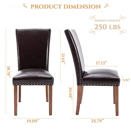 PU Leather Dining Chairs Set Of 6, Upholstered Parsons Dining Room Kitchen Side Chair With Nailhead Trim And Wood Legs - Dark Brown 5 PU Leather Dining Chairs Set Of 6, Upholstered Parsons Dining Room Kitchen Side Chair With Nailhead Trim And Wood Legs - Dark Brown - Image 3
