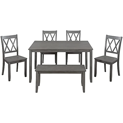 LZ LEISURE ZONE 6 Piece Wooden Dining Table Set With Bench And 4 Dining Chairs, Kitchen Table Set Family Furniture For 6 People (Antique Graywash) 6 LZ LEISURE ZONE 6 Piece Wooden Dining Table Set With Bench And 4 Dining Chairs, Kitchen Table Set Family Furniture For 6 People (Antique Graywash) - Image 4