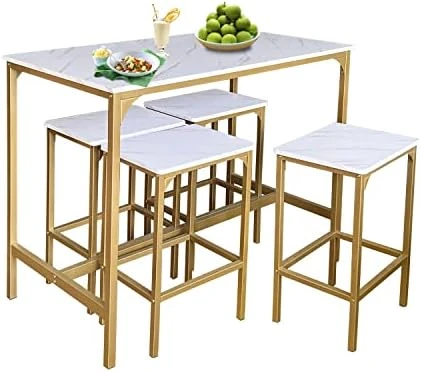 AT-VALY 5-Piece Bar Table Set With 4 Stools,Dining Room Table Set,Small Spaces (Gold & White) 6 AT-VALY 5-Piece Bar Table Set With 4 Stools,Dining Room Table Set,Small Spaces (Gold & White) - Image 4