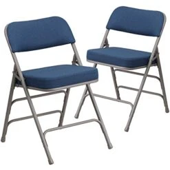 EMMA + OLIVER 2 Pack Premium Curved Triple Braced & Double Hinged Navy Fabric Metal Folding Chair -Home Table Chair Store 41q1SOd3ORL