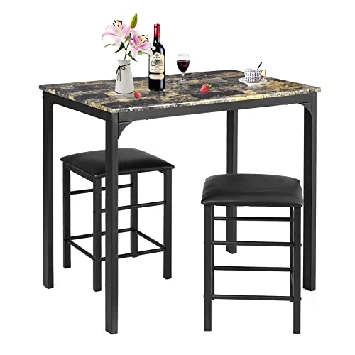 COSTWAY 3 Pieces Dining Table Set, 2 Person Kitchen Breakfast Table And Chair Set Pub Table And Chairs Set, Counter Height Dining Table Set With 2 Bar Stools (Black&Beige) 3 COSTWAY 3 Pieces Dining Table Set, 2 Person Kitchen Breakfast Table And Chair Set Pub Table And Chairs Set, Counter Height Dining Table Set With 2 Bar Stools (Black&Beige)